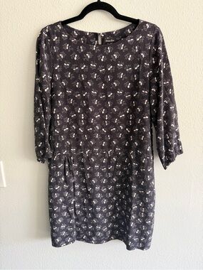 Steven Alan Charcoal Floral Long-Sleeve Shift Dress 8 Contemporary Silk Luxury